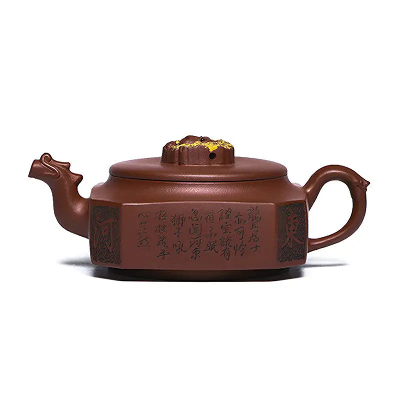 Brown ceramic Yixing Zisha teapot with dragon spout and lion finial accessory in Lion’s Roar