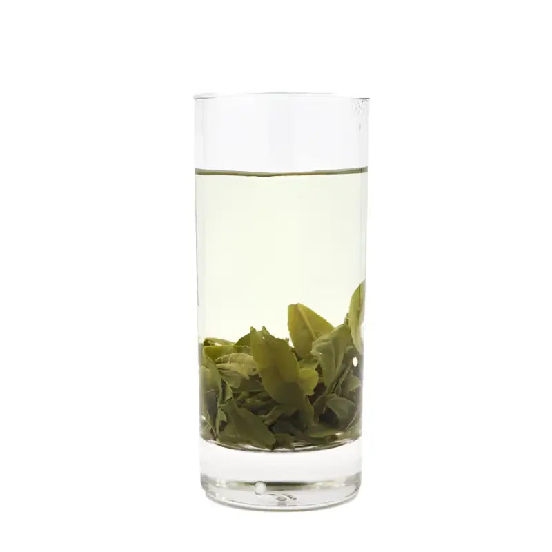 Glass of green tea from Liu An Gua Pian Red Stone Valley roasted leaf product