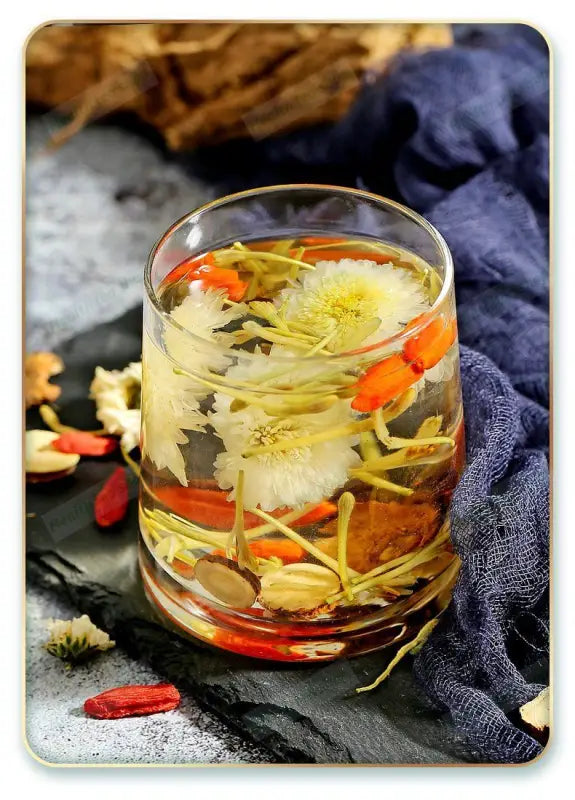 Floral herbal tea with herbs in a package labeled Liver Tea for health-enhancing herbal tea
