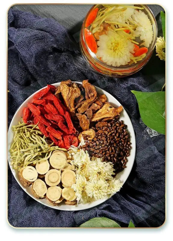 Assorted dried medicinal ingredients for Liver Tea health-enhancing herbal tea