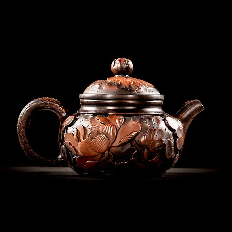 Ornate brown floral teapot from Lotus Flower collection, perfect for Gongfu tea enthusiasts