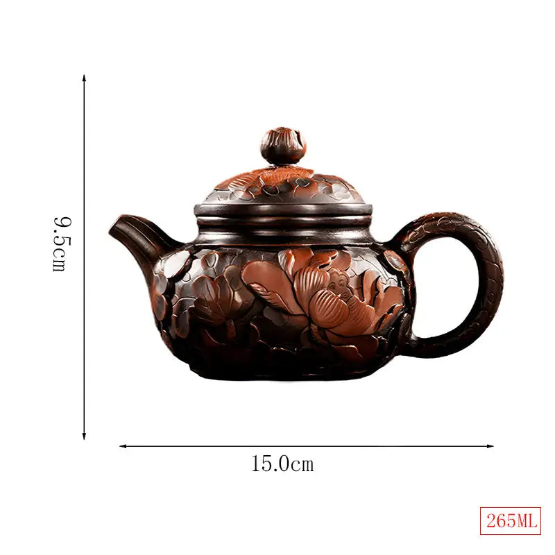 Brown floral-carved teapot from Lotus Flower featuring hand-carved lotus design for gongfu tea enthusiasts