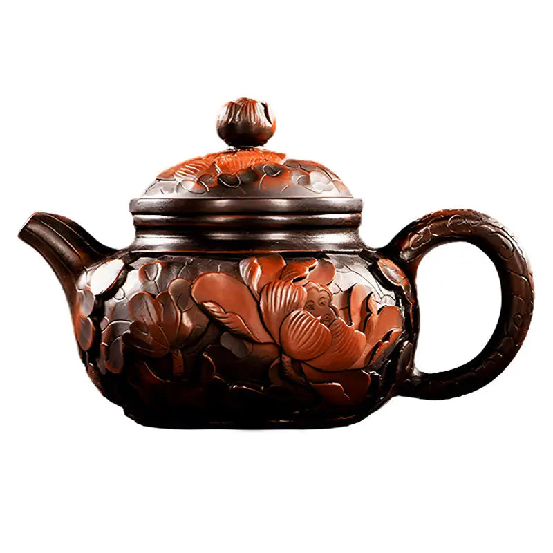 Ornate brown floral teapot from Lotus Flower collection, perfect for Gongfu tea enthusiasts