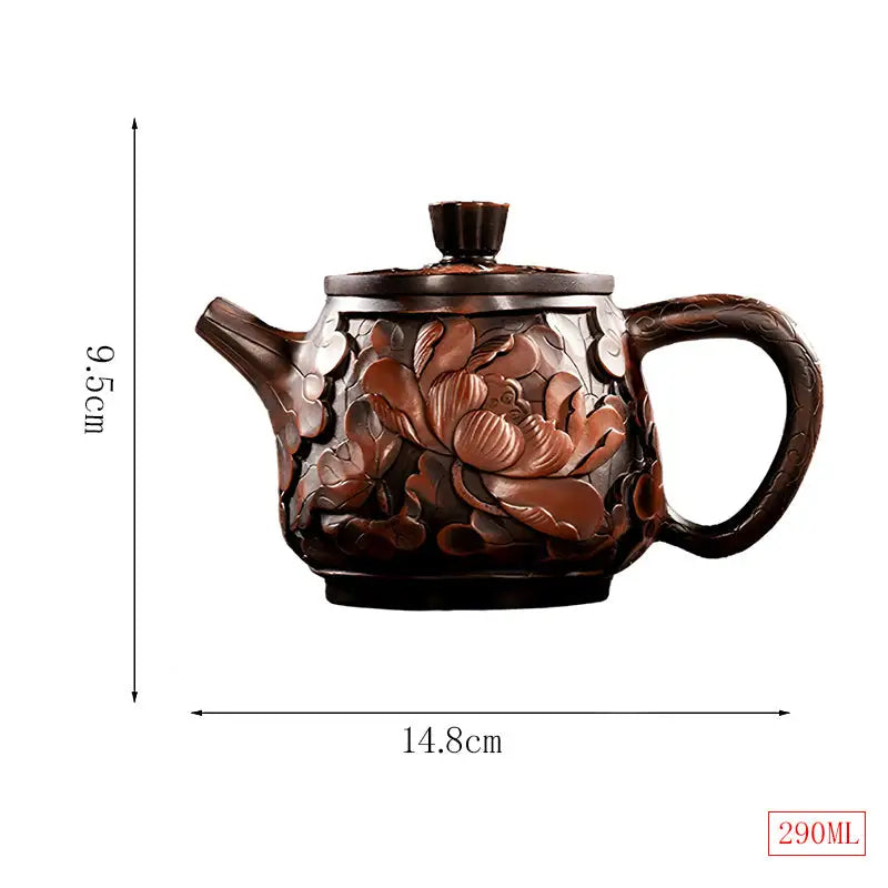 Brown floral-carved teapot made of purple clay lotus flower Jianshui Zitao style