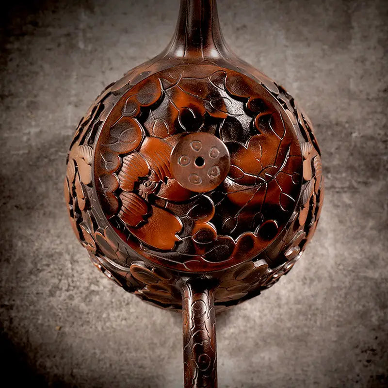 Ornate carved brown gourd-shaped Lotus Flower II made from purple clay Jianshui Zitao