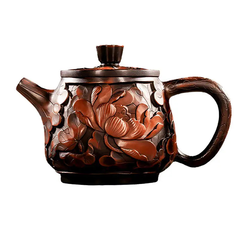 Ornate brown floral teapot with lotus flower design made from purple clay jianshui zitao