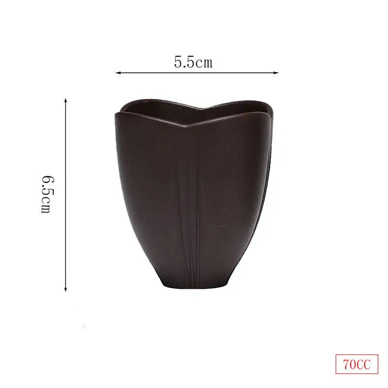 Brown tulip-shaped Lotus Heart Zisha cup with measurements, authentic Yixing craftsmanship