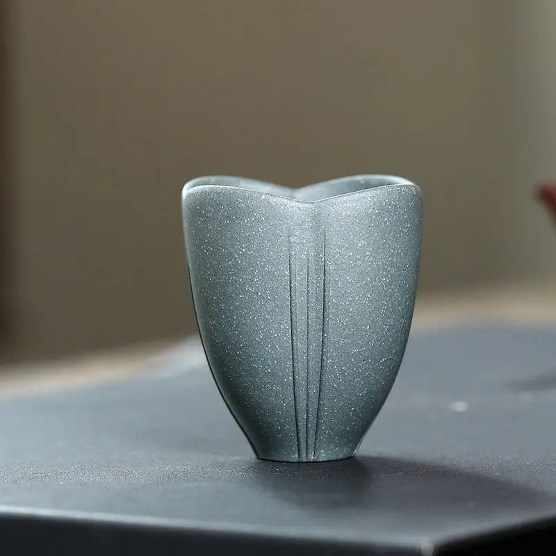Gray speckled heart-shaped vase from Lotus Heart Zisha, authentic Yixing craftsmanship