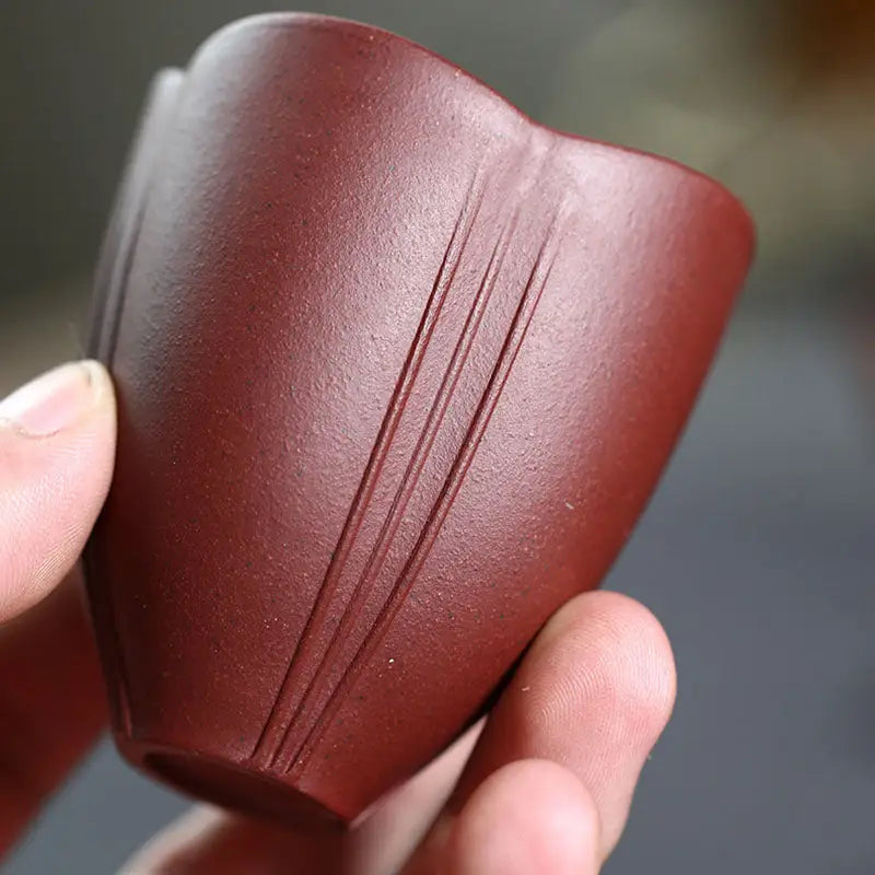 Maroon clay Lotus Heart Zisha heart zisha cup with carved lines for authentic Yixing style