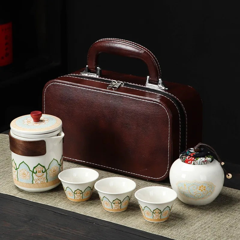 Lotus porcelain kuaike travel tea set with tea caddy, three cups and case – photo 1