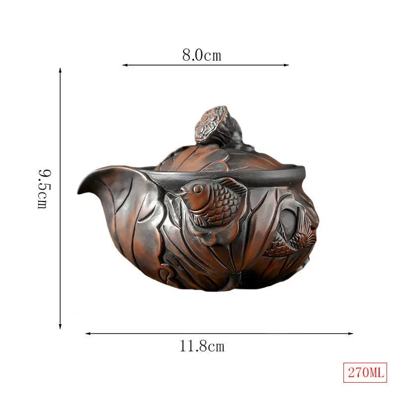 Brown Jianshui Zitao ceramic teapot with fish and lotus pod design for tea lovers