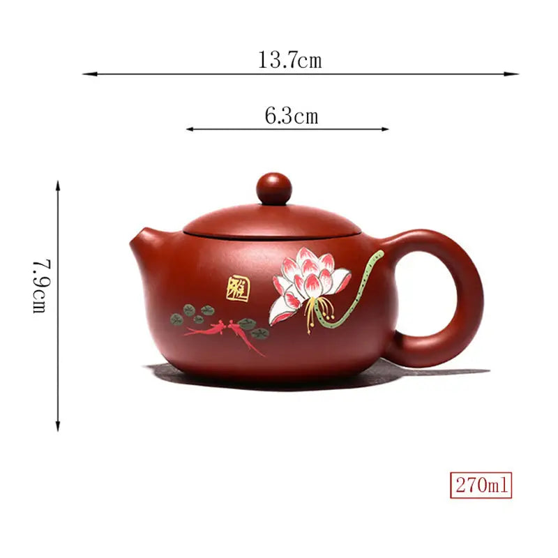 Reddish-brown Yixing Zisha teapot with hand-painted lotus floral design in purple clay