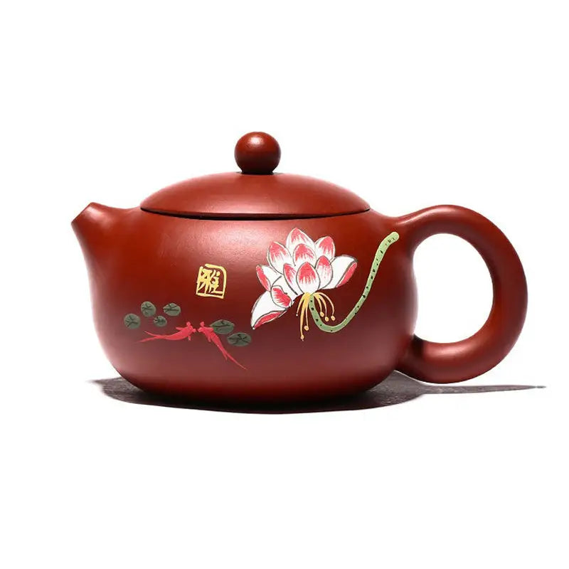 Reddish-brown Yixing Zisha teapot with hand-painted lotus floral design