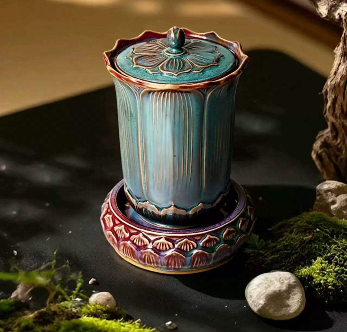 Lotus Ruyi Covered Vessel — styled in context