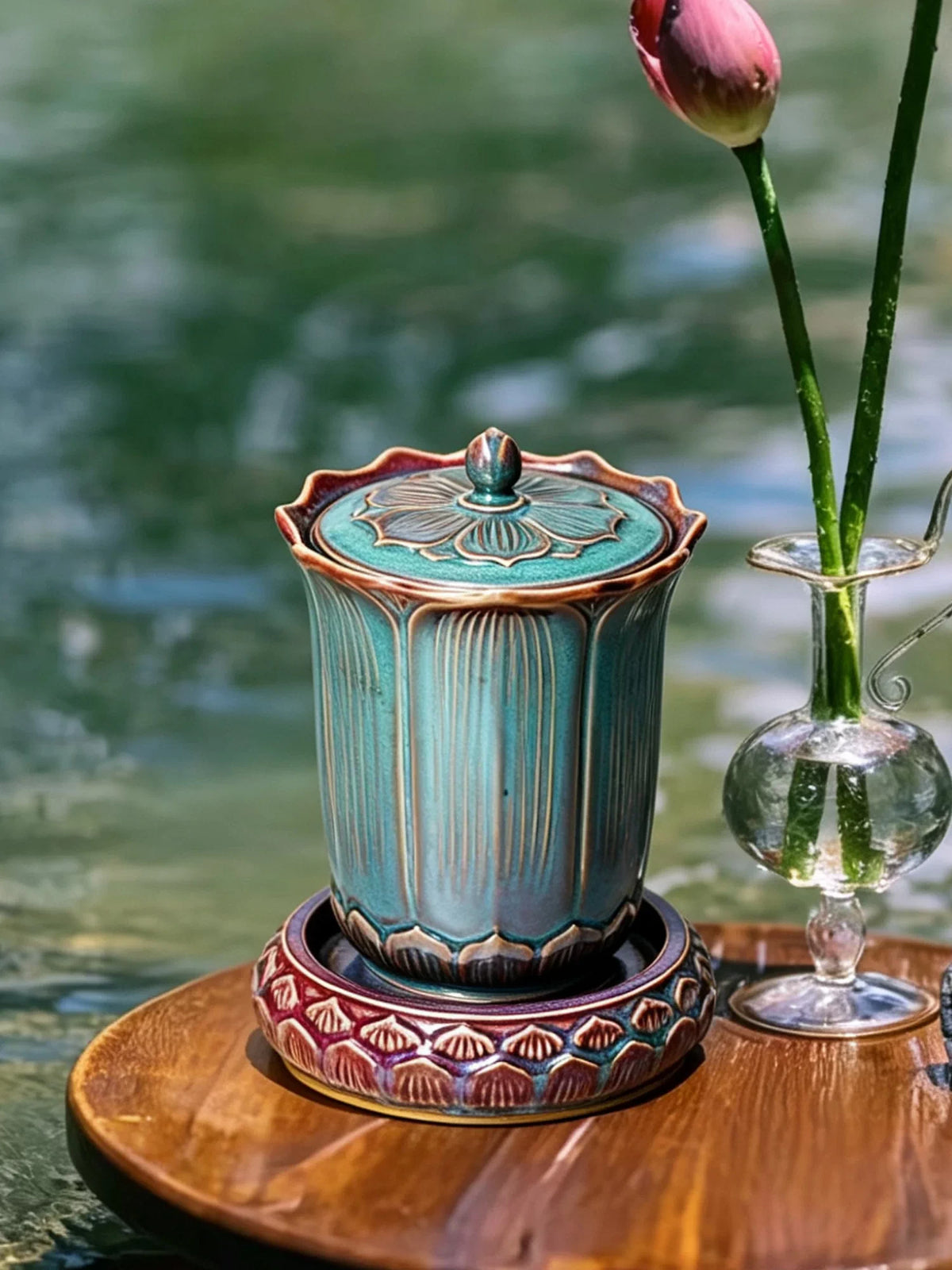 Lotus Ruyi Covered Vessel — Jun-glazed ceramic decorative vessel