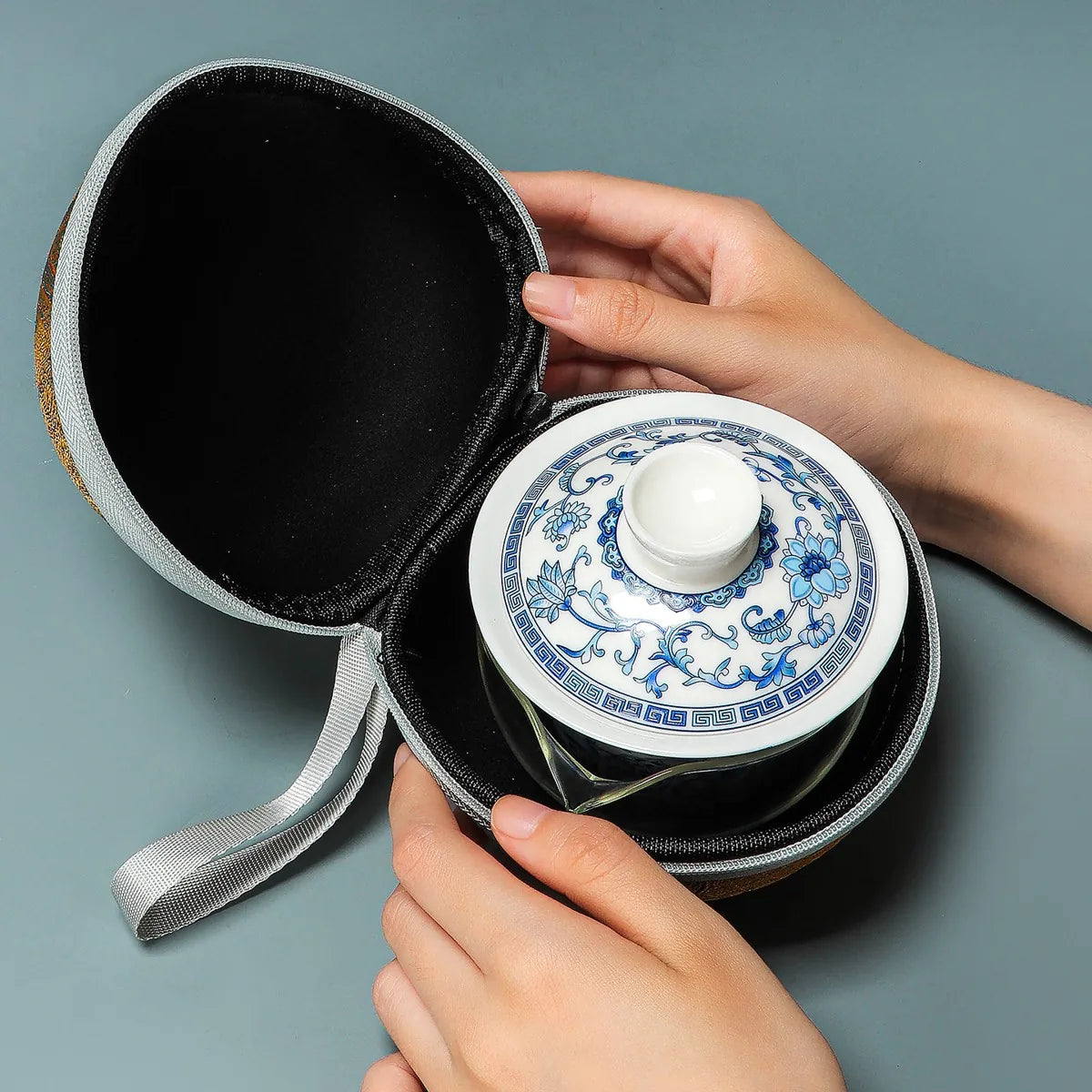 Blue lotus scroll gaiwan travel tea set with glass pitcher, cups and round case – photo 2