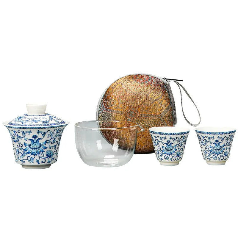 Blue lotus scroll gaiwan travel tea set with glass pitcher, cups and round case – photo 3