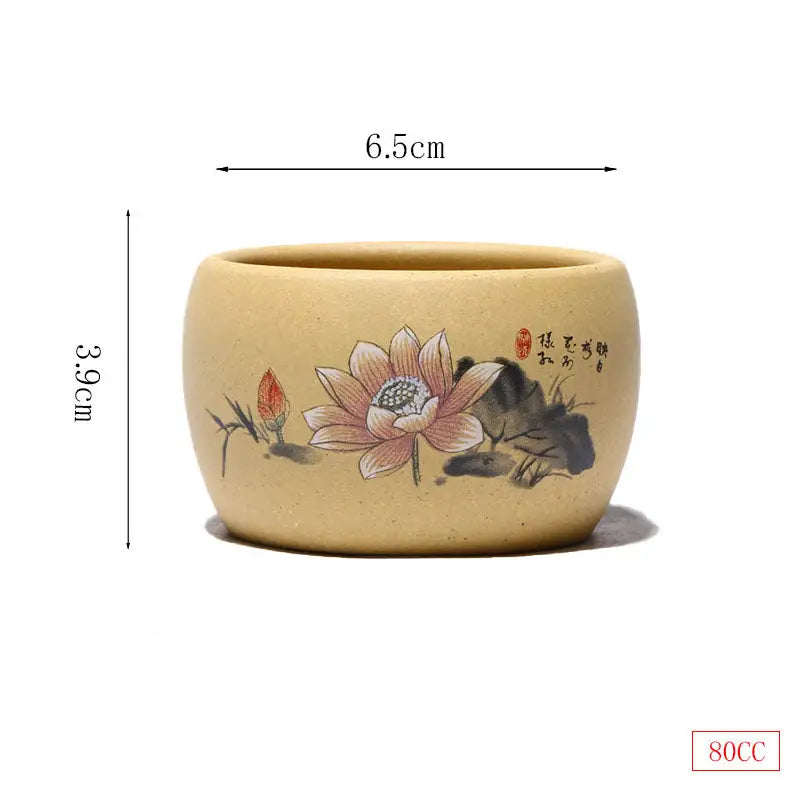 Round tan Lotus Serenity flower pot with hand-painted yixing Zisha teacup design