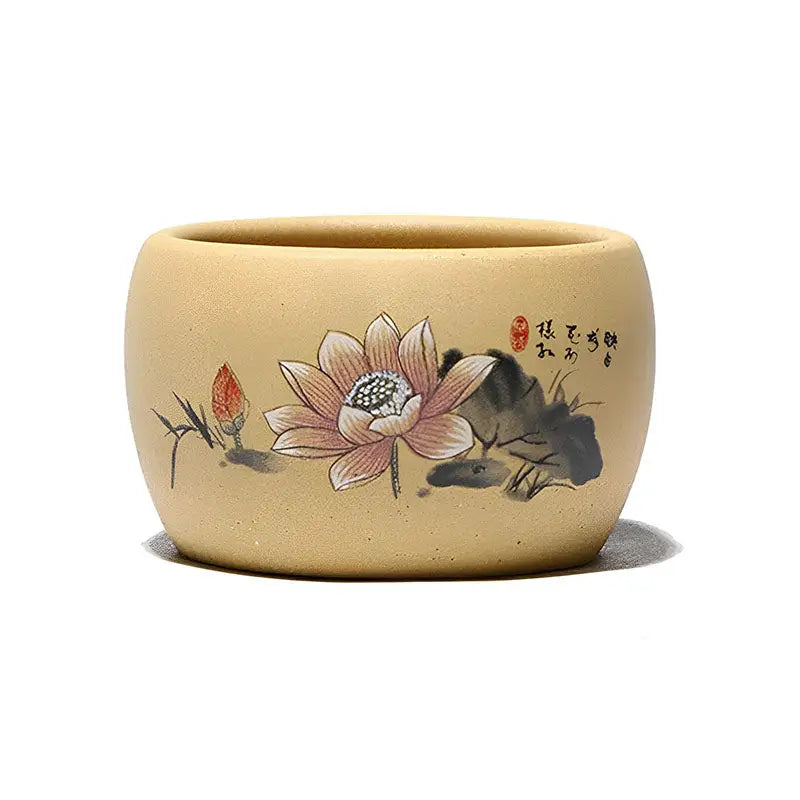 Round ceramic planter with lotus design for Lotus Serenity, showcasing poetic calligraphy