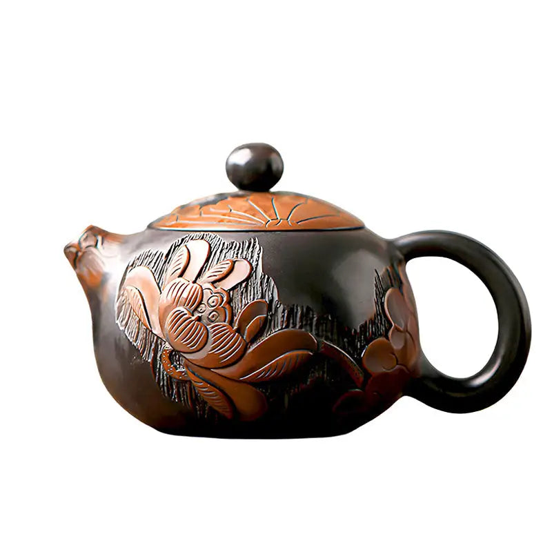 Ornate brown and black Zisha clay Lotus teapot with hand-carved lotus design