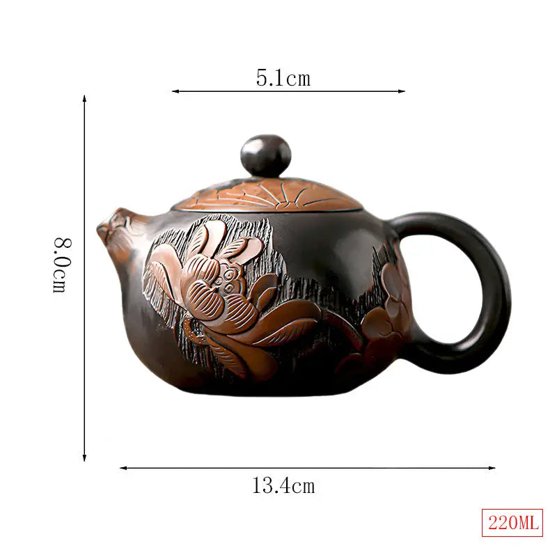 Ornate black and copper Lotus teapot made from hand-carved Zisha clay with lotus design