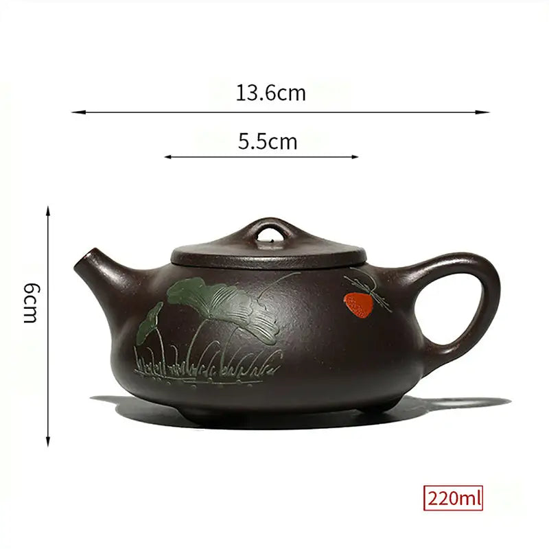 Brown ceramic teapot with floral design, Lotus Whisper yixing zisha hand-carved lotus zisha clay