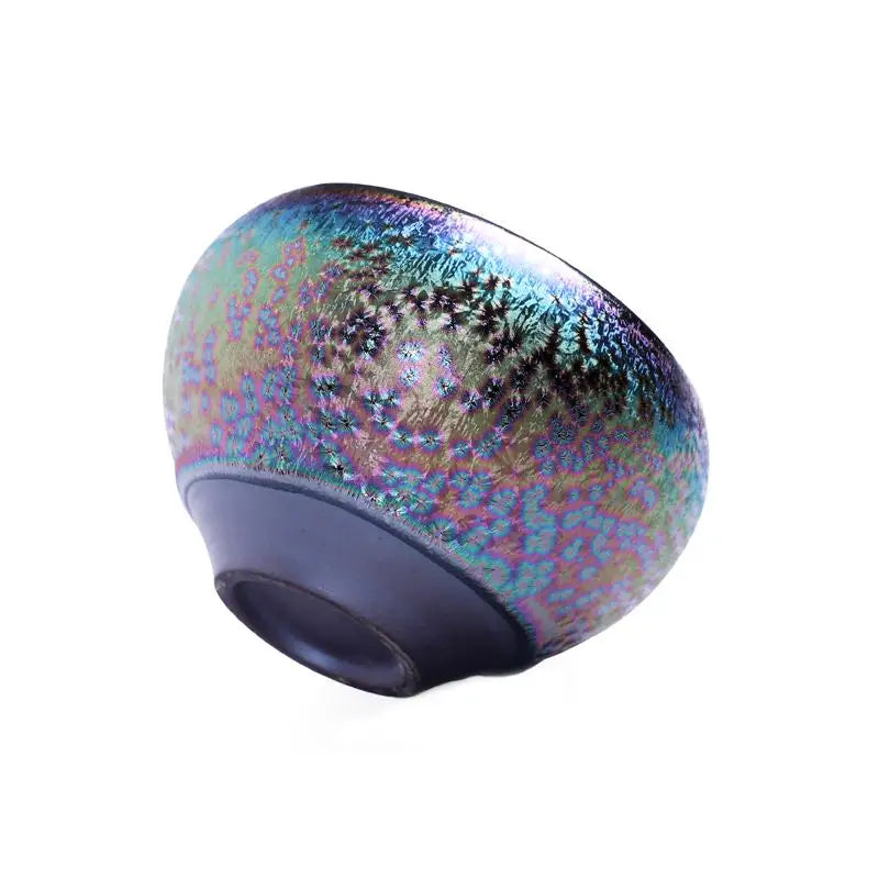 Iridescent glazed ceramic bowl from Magic Jian Zhan featuring an iridescent glaze tea cup style