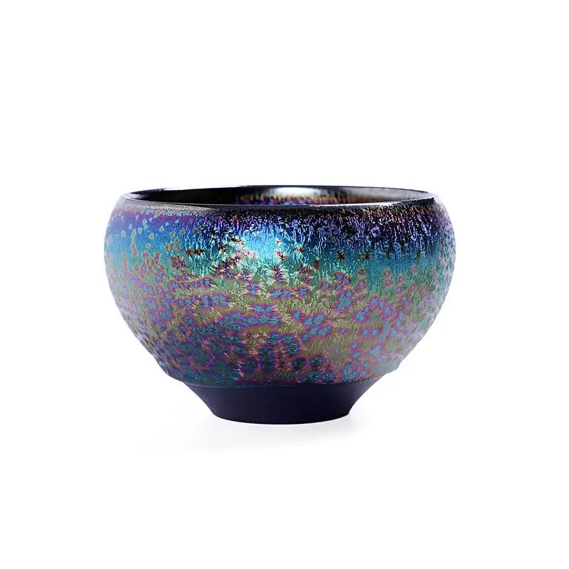 Iridescent ceramic bowl from Magic Jian Zhan with shimmering glaze perfect for gongfu tea pots