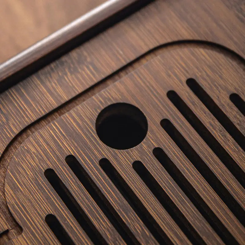 Dark brown wooden tea tray from Magpie Song bamboo tea tray collection