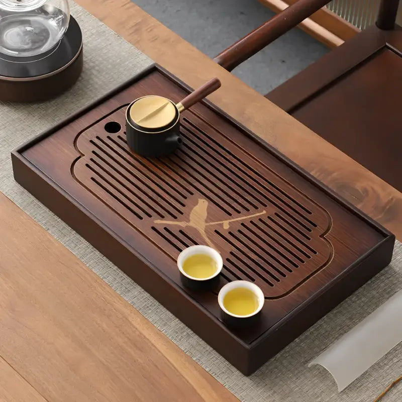 Dark wooden tea tray with bird design from Magpie Song bamboo tea tray collection