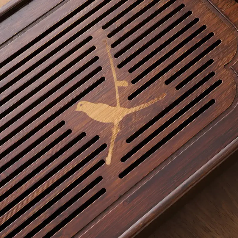 Slatted bamboo tea tray with bird design from Magpie Song collection