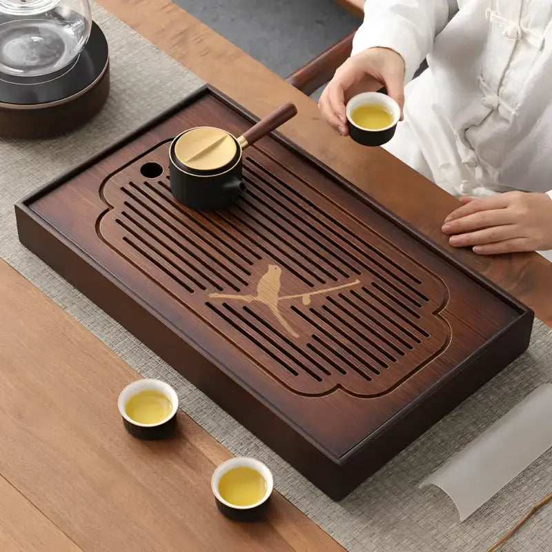 Wooden tea tray with bird design from Magpie Song Bamboo Tea Tray collection