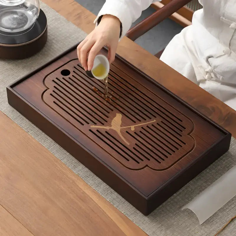Wooden tea tray with bird design from Magpie Song Bamboo Tea Tray collection