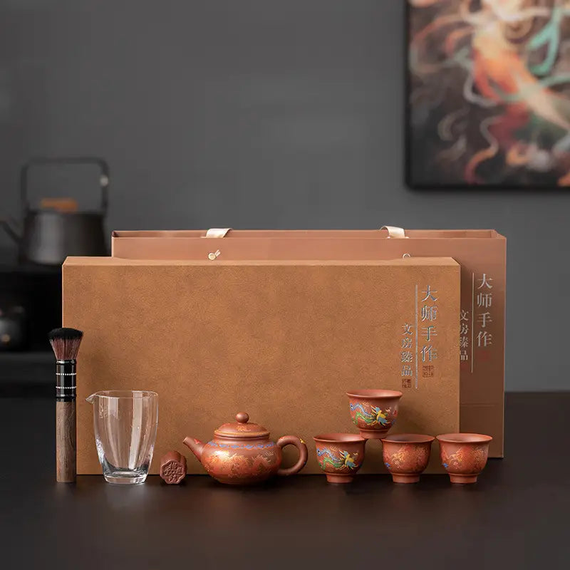 Majestic Harmony Tea Set with copper-colored teapot and cups, perfect for yixing zisha tea lovers