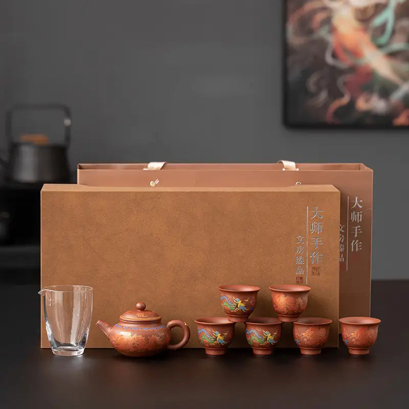 Yixing Zisha Majestic Harmony Tea Set with Copper-Colored Teapot and Cups