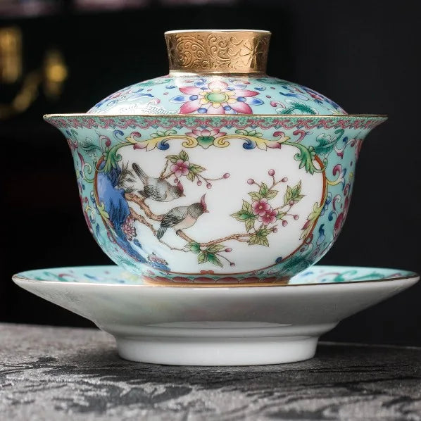 Mandarin Ducks Falangcai-Style Gaiwan – Blue
