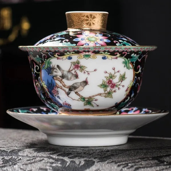 Mandarin Ducks Falangcai-Style Gaiwan – Black