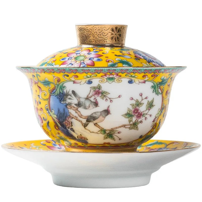 Falangcai-style gaiwan with mandarin ducks in golden yellow – photo 5