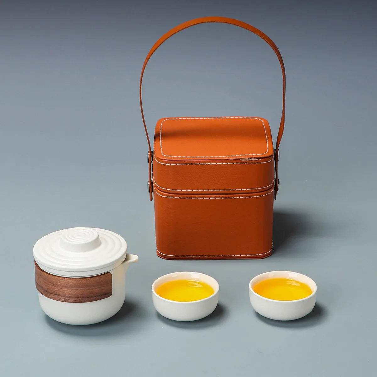 Matte stoneware kuaike travel tea set with infuser pot, two cups and square carry box – photo 1