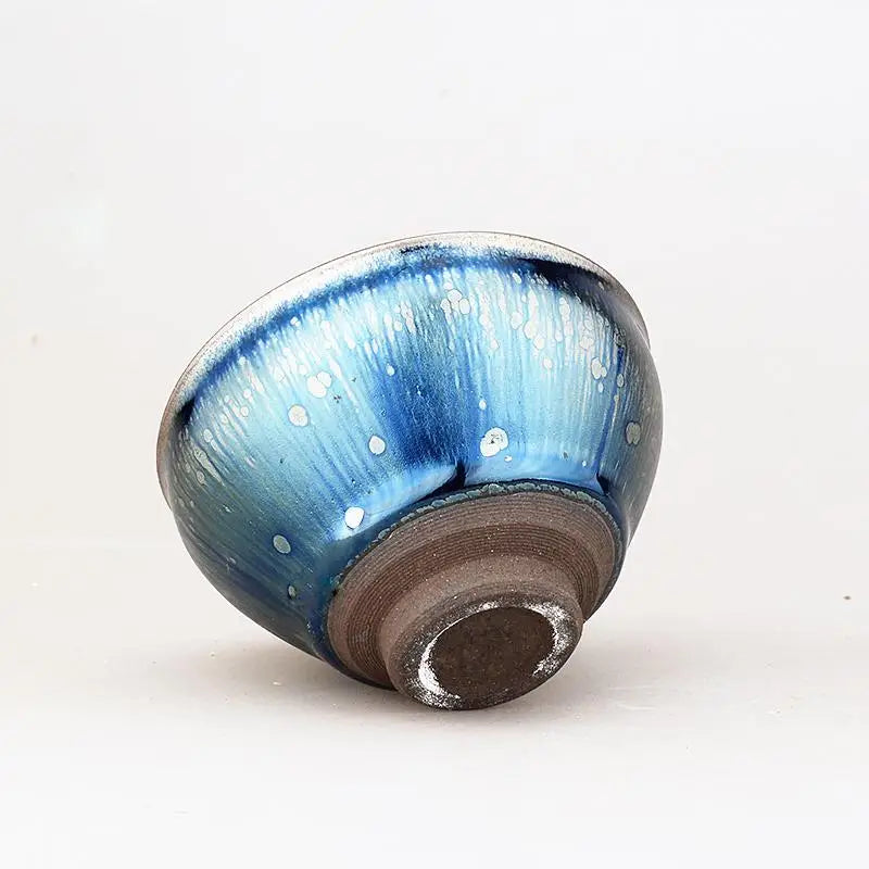 Blue glazed ceramic bowl from Meteor, ideal for Jian Zhan tea cups and Gongfu tea brewing