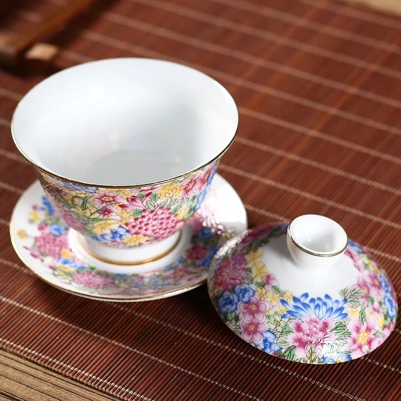 Millefiori falangcai-style gaiwan covered in colorful flowers – photo 3