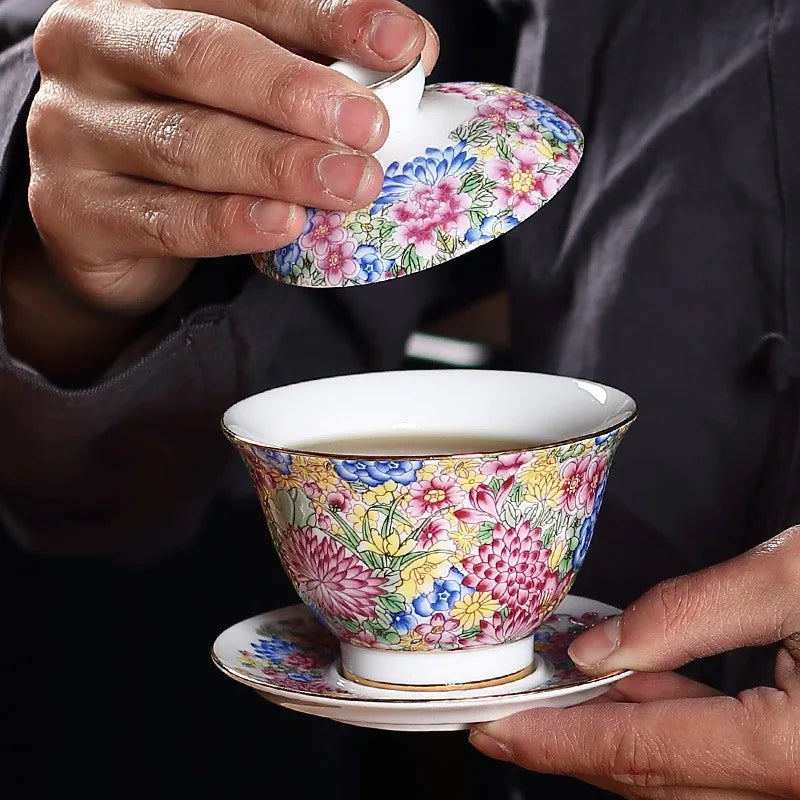 Millefiori falangcai-style gaiwan covered in colorful flowers – photo 4
