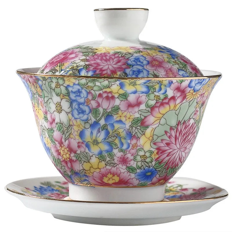 Millefiori falangcai-style gaiwan covered in colorful flowers – photo 5