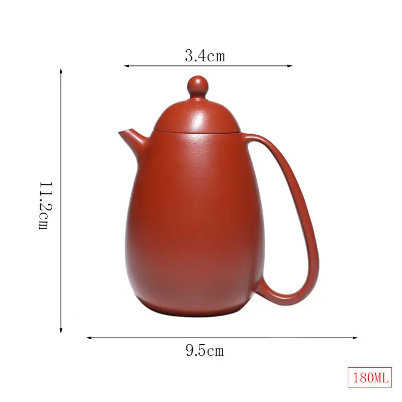 Reddish-brown yixing teapot with dimensions showcasing Modern Simplicity design in red clay