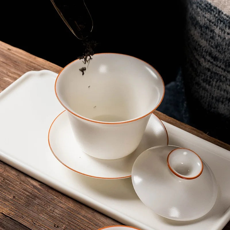 Moon-white Ru glaze gaiwan with lid and saucer – photo 1