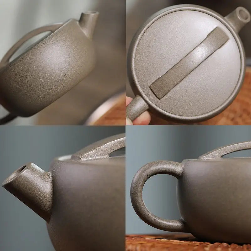 Four-panel view of Moonbridge Harmony Teapot with raised handle Yixing Zisha craftsmanship