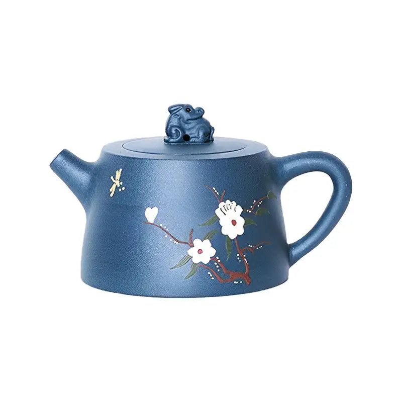 Blue ceramic teapot with floral design from Moonlit Guardian featuring White Plum Artwork