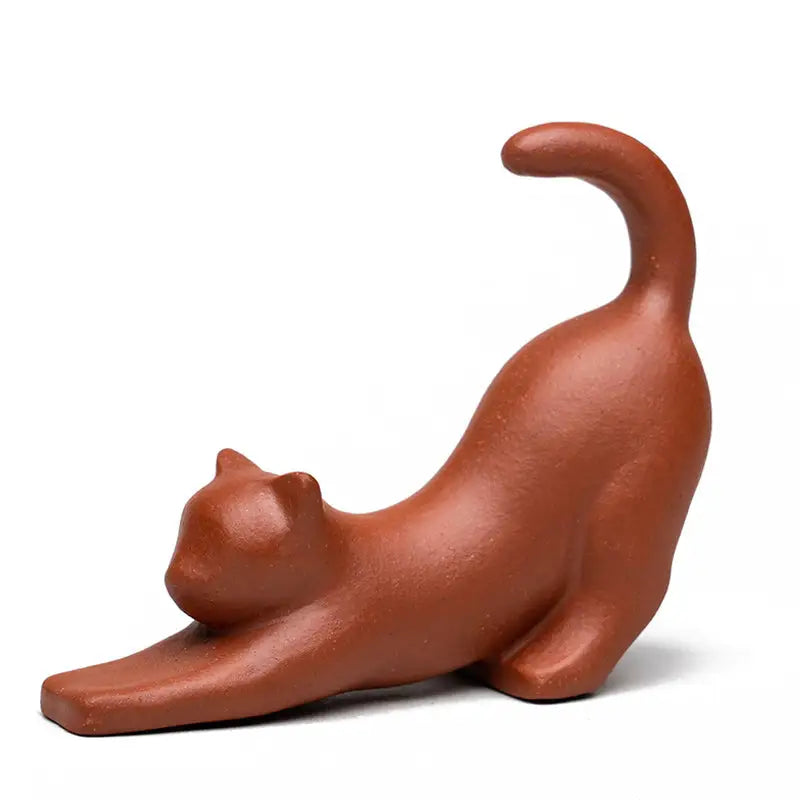Brown ceramic stretching cat figurine from Morning Stretch tea pet guide Yixing Zisha clay