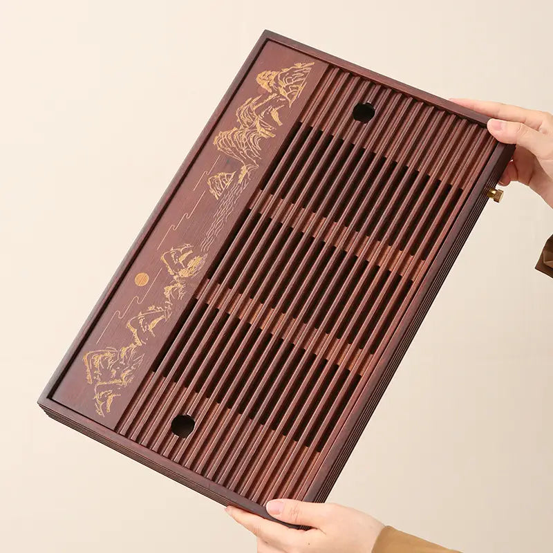 Rectangular wooden tea tray with mountain flow and mountain design, Bamboo Gongfu Tray
