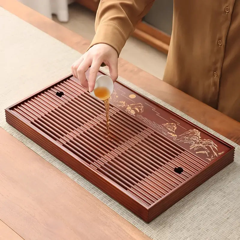 Wooden tea tray with slatted surface for Mountain Flow bamboo gongfu tray display